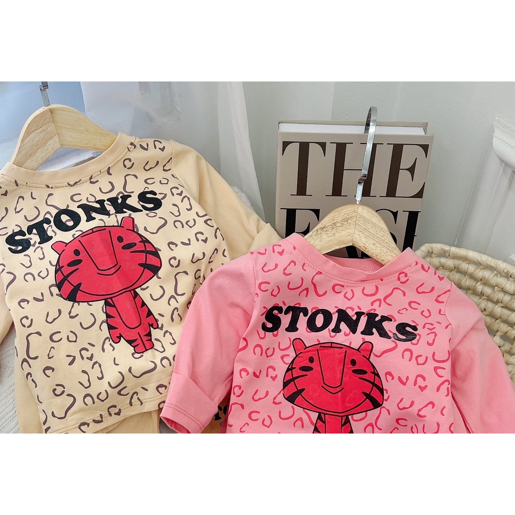 Bộ thu đông cho bé, bộ quần áo dài tay chú hổ STONK chất cotton size 8-30kg cho bé gái