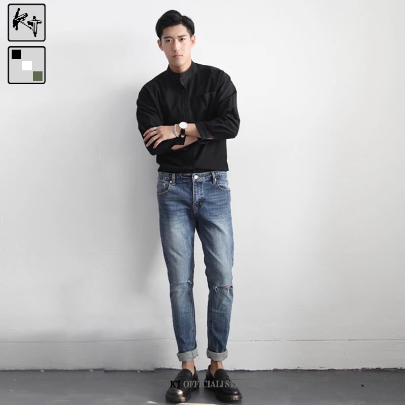 Áo sơ mi KT cotton lanh cổ tròn tay lửng dáng rộng thời trang mùa hè cho nam giới size M-3XL