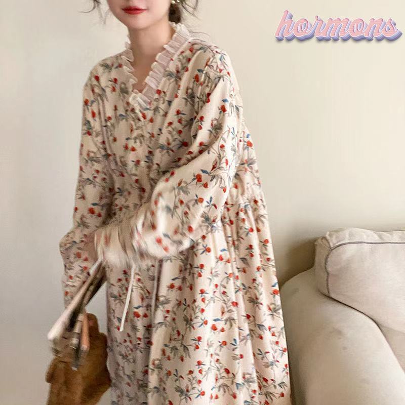Đầm nữ cổ chữ V in hình quả cherry phong cách Vintage