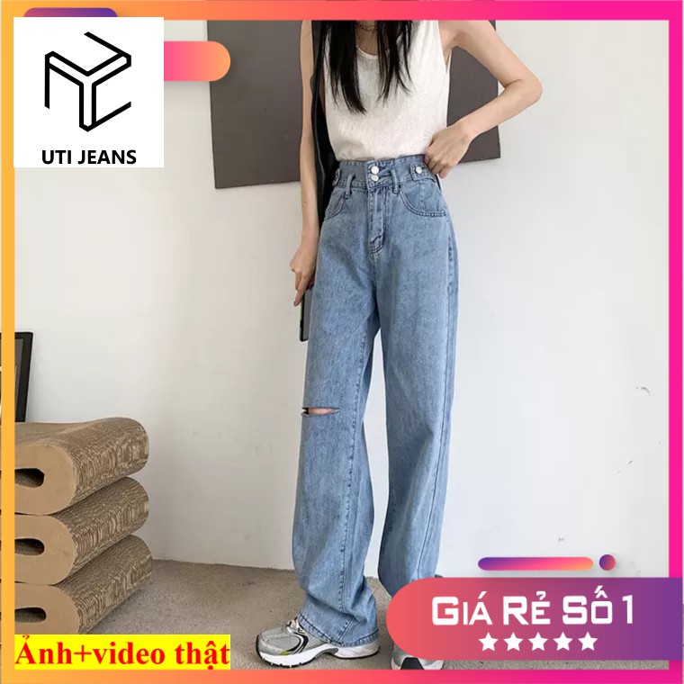 [ NGÂN NGA ] QUẦN JEANS ỐNG RỘNG NỮ LƯNG CAO 2 NÚT 2 ĐAI FORM DÀI RỘNG MÀU XANH NHẠT GỒM MẪU TRƠN VÀ RÁCH GỐI LAI CUỐN