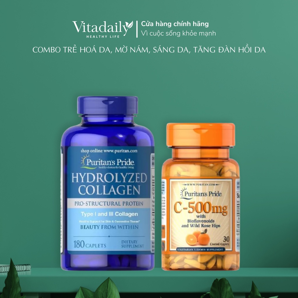 Combo Trẻ Hoá Da, Mờ Nám, Sáng Da, Tăng Đàn Hồi Da Collagen Thuỷ Phân Hydrolyzed Collagen &amp; Vitamin C Puritan's Pride