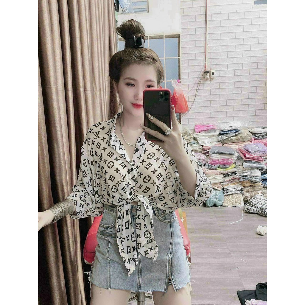 áo sơ mi buộc nơ trước xinh ảnh thật chất mềm