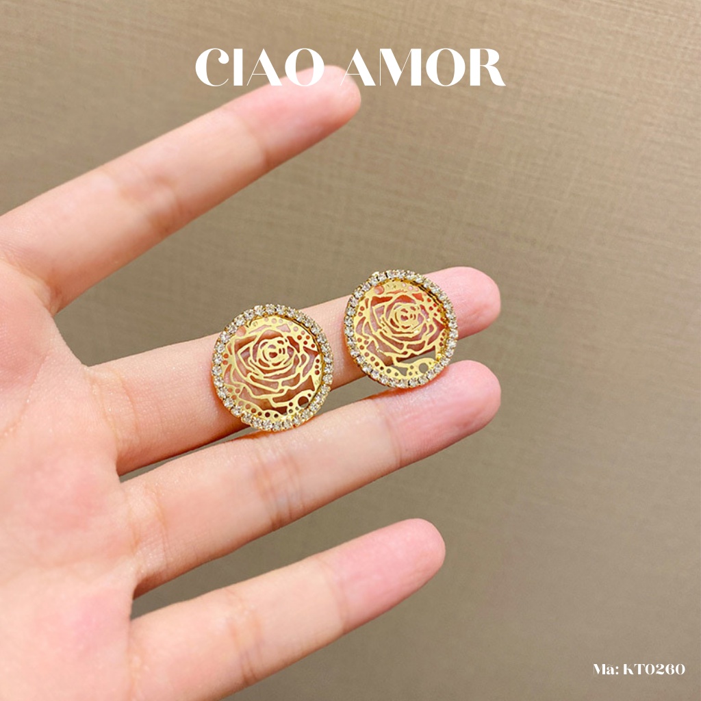 Khuyên tai nữ, bông tai tròn hoạ tiết lép viền đá sang trọng Trang sức Ciao Amor - KT0260