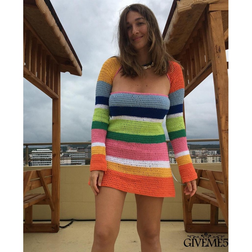 Đầm Chữ A Cổ Vuông Tay Dài Họa Tiết Kẻ Sọc Màu Sắc Tương Phản Thời Trang Đi Biển Cho Nữ