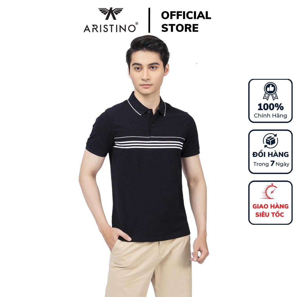 Áo thun polo nam Aristino APS007S2 phông ngắn tay có cổ bẻ dáng suông màu đen kẻ trắng vải cotton cao cấp mềm mại