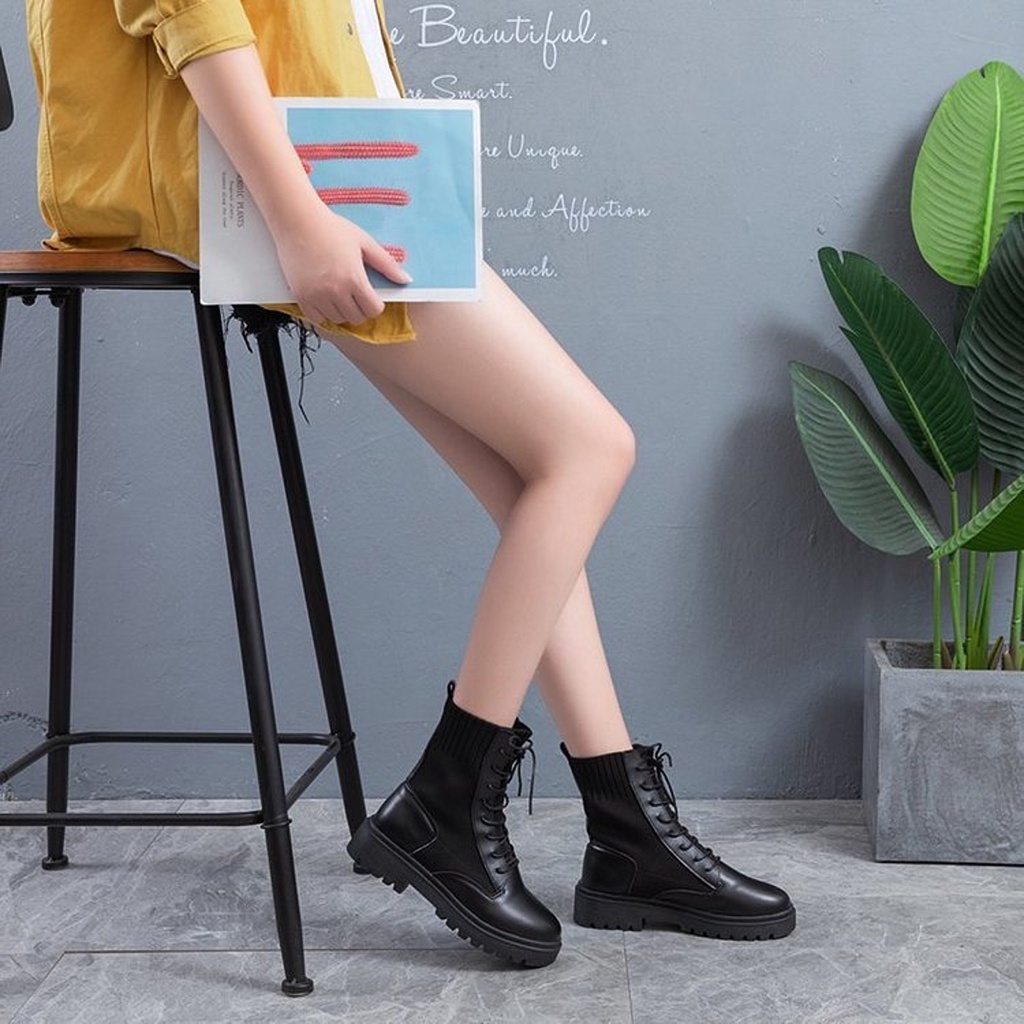 Giày Bốt Martin Nữ Ulzzang, Giày Da Oxford Độn Đế Cổ Lửng Basic Vải Len Co Dãn Vintage, Hàn Quốc - Iclassy_shoes