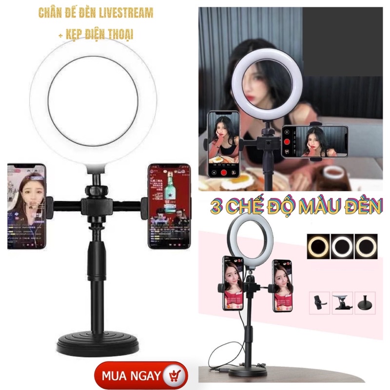 Chân Đế Kẹp Điện Thoại 2 Đầu Kèm Đèn Livestream Để Bàn Tiện Lợi Xoay 360 Độ Dùng Được Nhiều Đt Như Iphone, Samsung