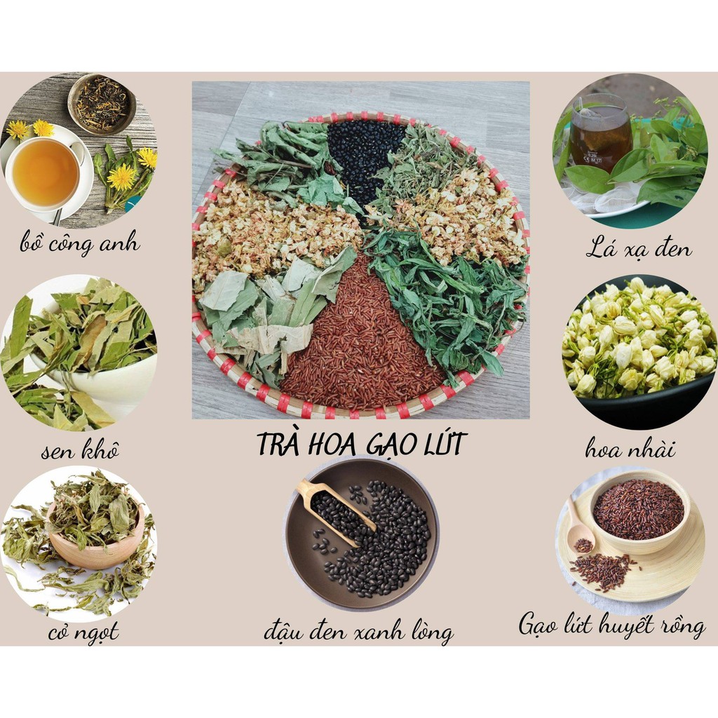 Trà hoa gạo lứt ( lá sen, hoa nhài, hoa cúc bách nhật, hoa bầu câu anh, xạ đen, lá dứa, cỏ ngọt,đậu đen..)