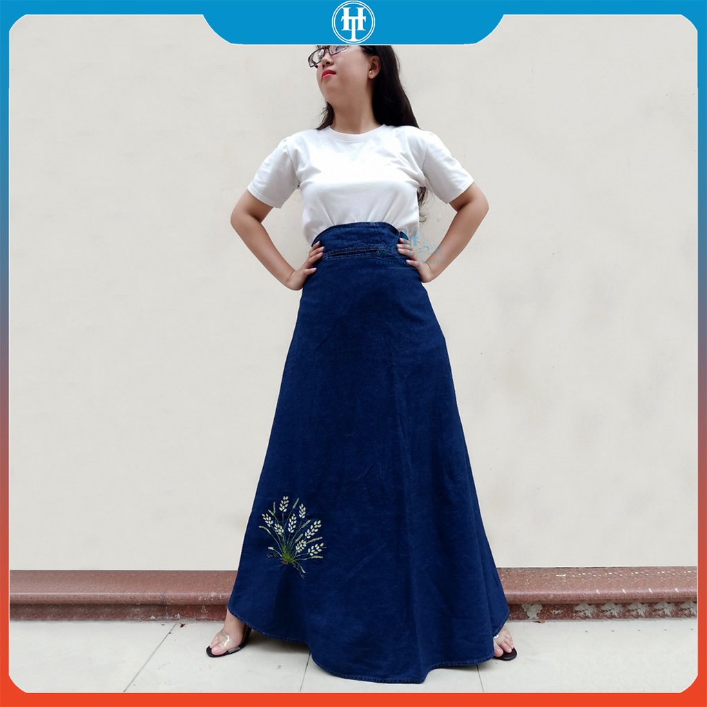 Váy Chống Nắng Dài Dạng Xòe Cho Nữ Vải Jean Cotton Dày Mềm Có Nút Bấm Chắc Chắn Thêu Bông Lúa H&amp;T Fashion