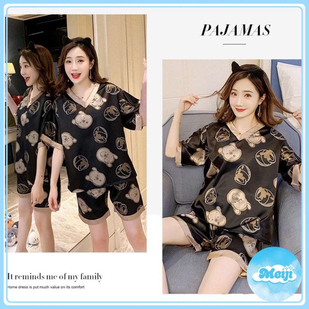 Quần áo ngủ,  Bộ ngủ pijama gấu Pooh đen ngắn tay cổ tim