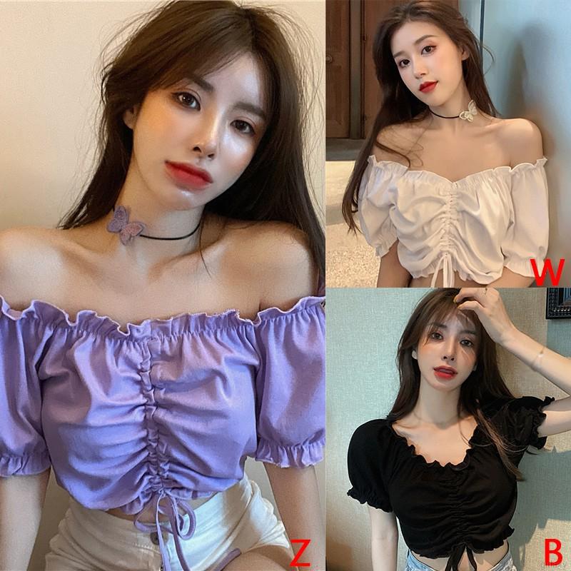 Áo Croptop Trễ Vai Màu Trơn Phong Cách Retro Hàn Quốc