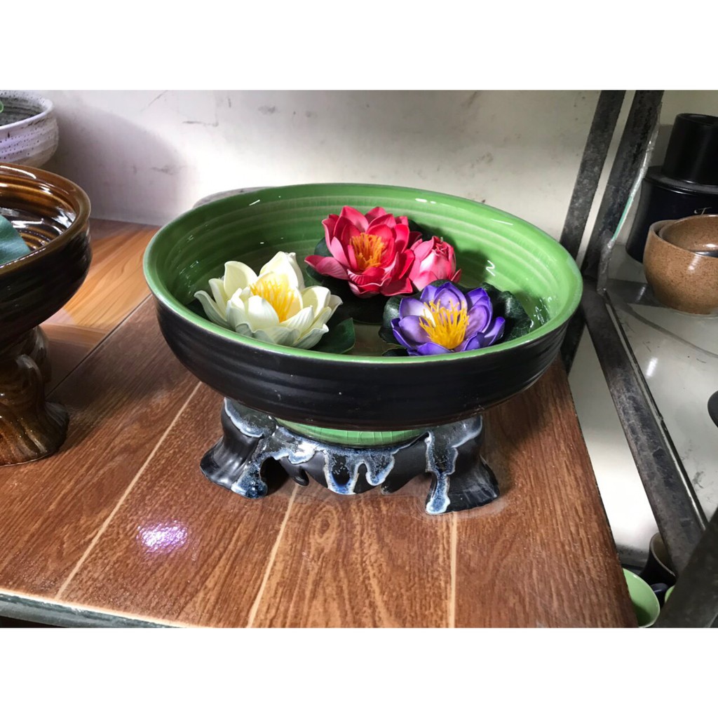 Bát Sen Thả Hoa Dáng Tròn 25cm Bát Tụ Lộc đồ thờ cúng gốm sứ đề ban thần tài hút tài lộc chiêu tài