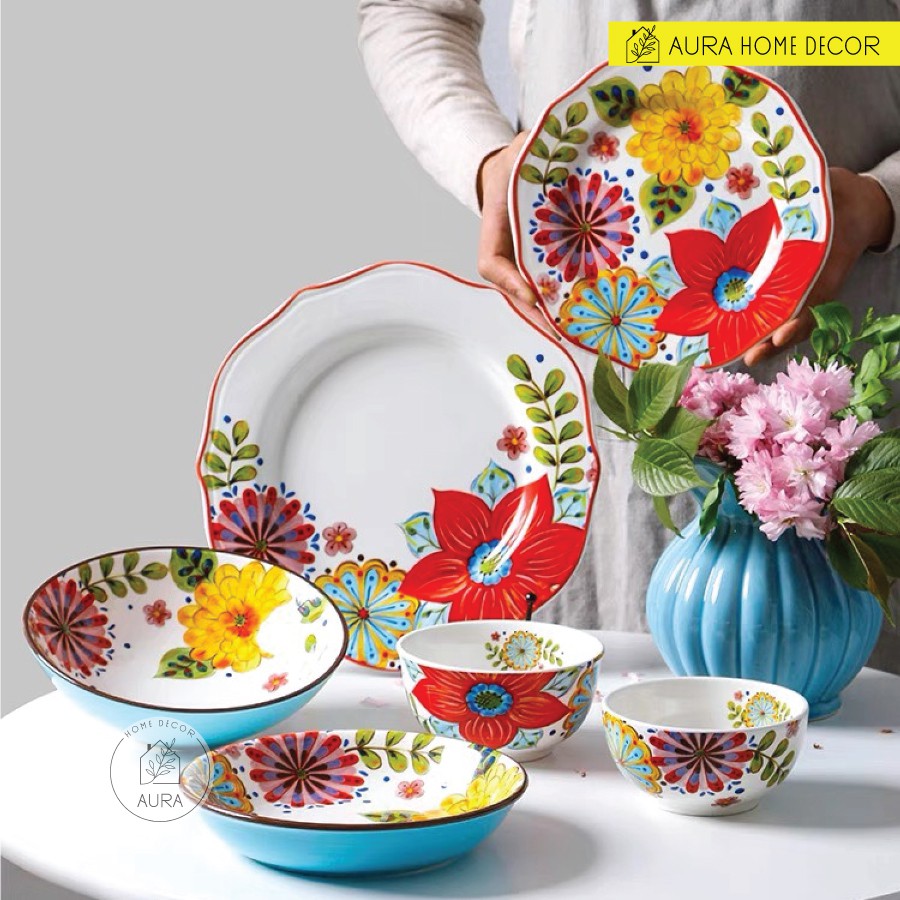 Bộ bát đĩa, cốc, bình hoa gốm mỹ nghệ vẽ tay hàng cực phẩm họa tiết hoa nền xanh lơ