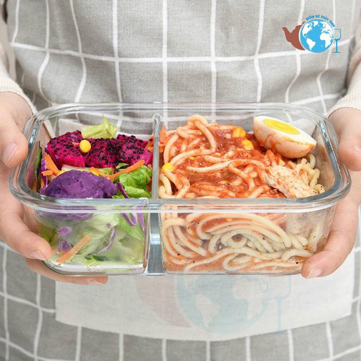 Hộp đựng cơm 2 ngăn chữ nhật - hộp thủy tinh 1 lít đựng thực phẩm BX1001 - Hộp chịu nhiệt cao dùng được lò viba