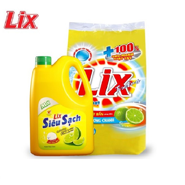 Combo Bột giặt Lix Extra hương chanh 2.4Kg + Nước rửa chén Lix siêu sạch hương chanh 1.5Kg - EC025 + NS002