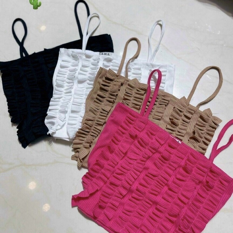 Áo 2 dây phối bèo tiểu thư chất gân co giãn, thời trang mùa hè