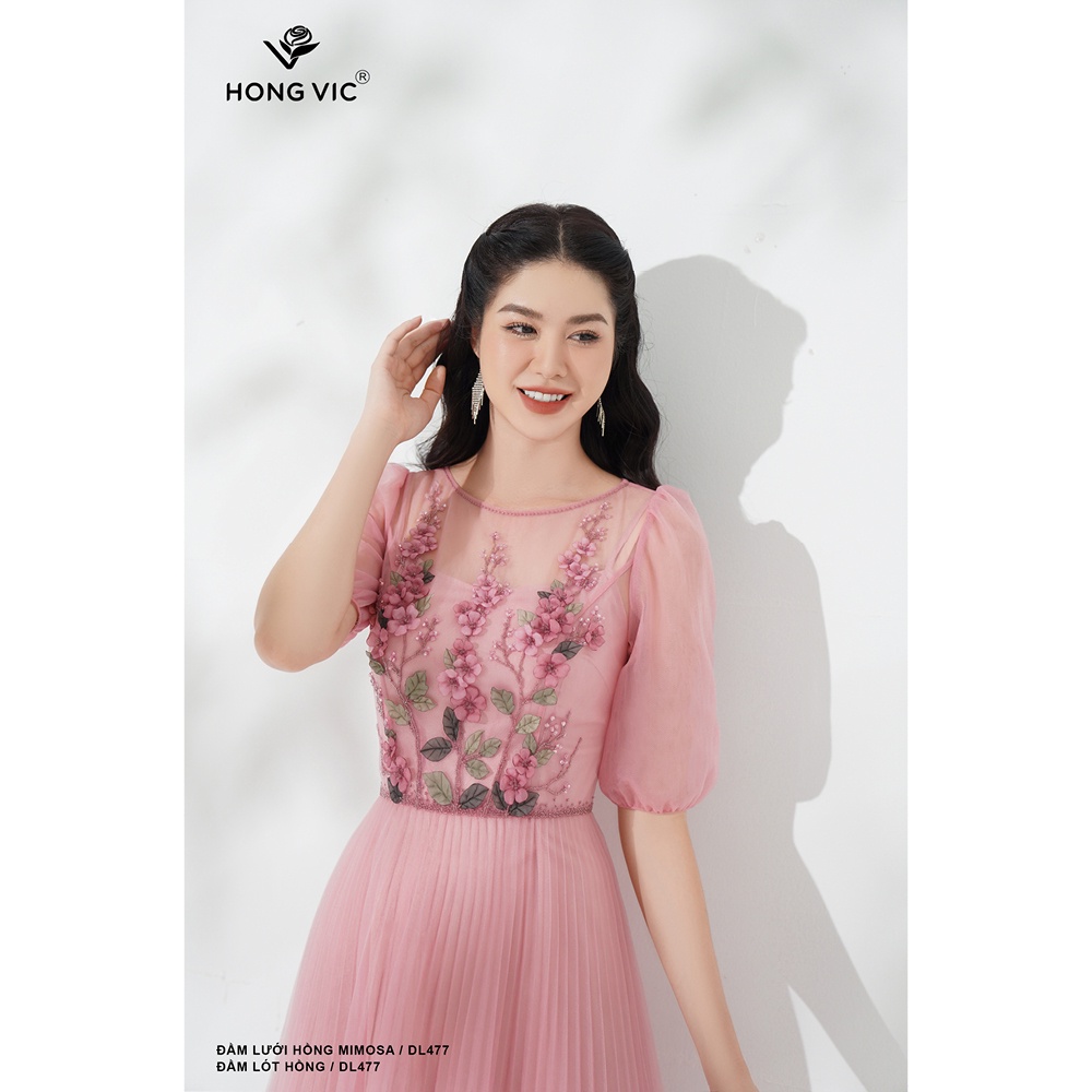 Đầm nữ thiết kế Hong Vic lưới hồng mimosa DL477
