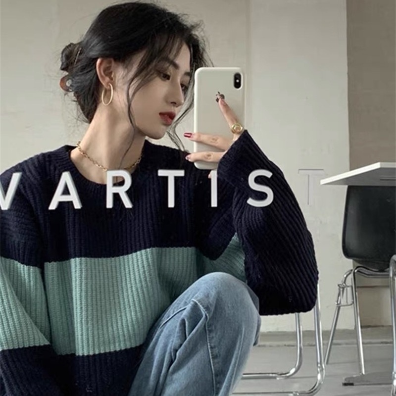 Áo Sweater Ngắn Dáng Rộng Họa Tiết Kẻ Sọc Phong Cách Retro Hong Kong Thời Trang Thu Đông Hàng Mới 2021 Dành Cho Bạn Nữ