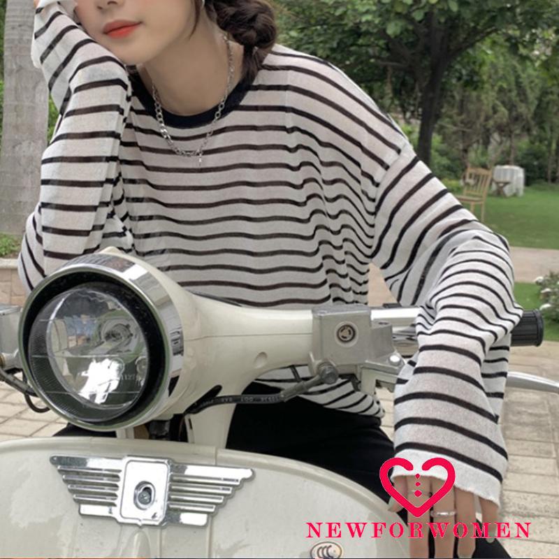 Áo Thun Tay Dài Cổ Tròn Dáng Rộng Kẻ Sọc Ngang Màu Xanh Dương / Đen / Hồng / Xanh Lá Thời Trang Mùa Hè Cho Nữ