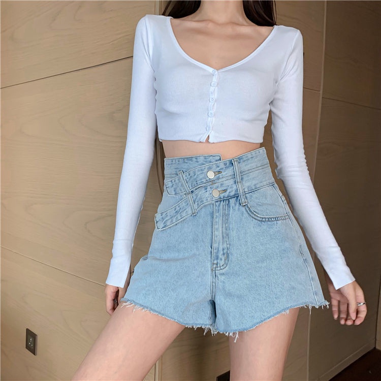Quần Short Denim Cạp Cao Ống Rộng Mẫu Mới 2022 Thời Trang Mùa Hè Cho Nữ