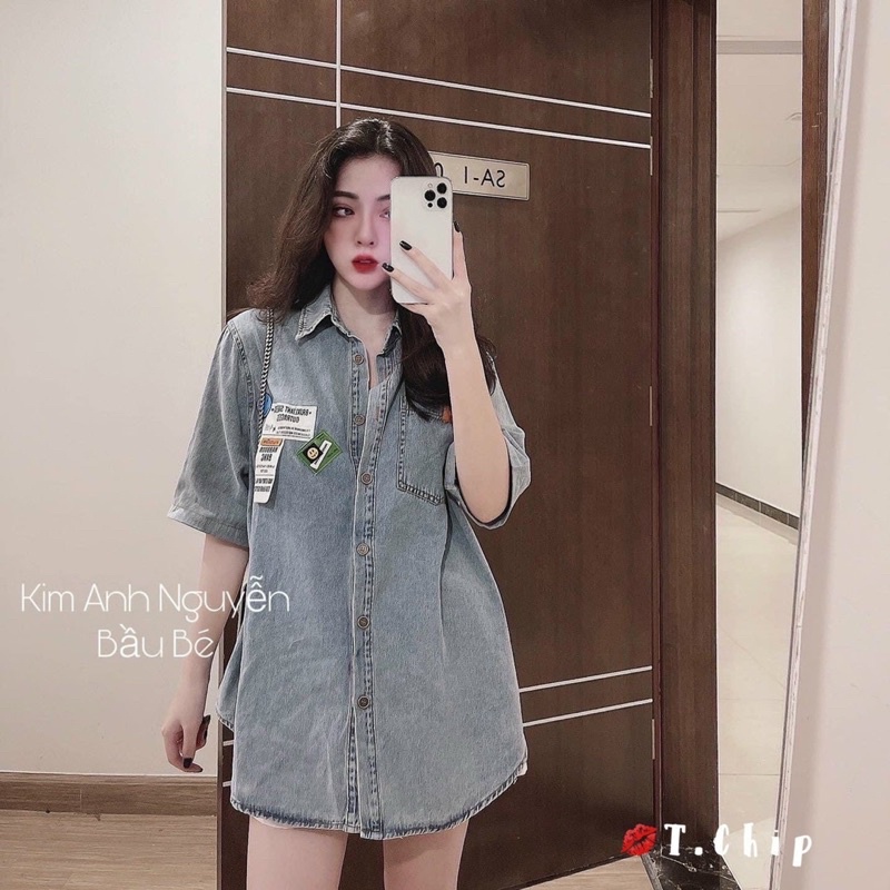 Áo sơ mi bò logo cộc tay xanh 120