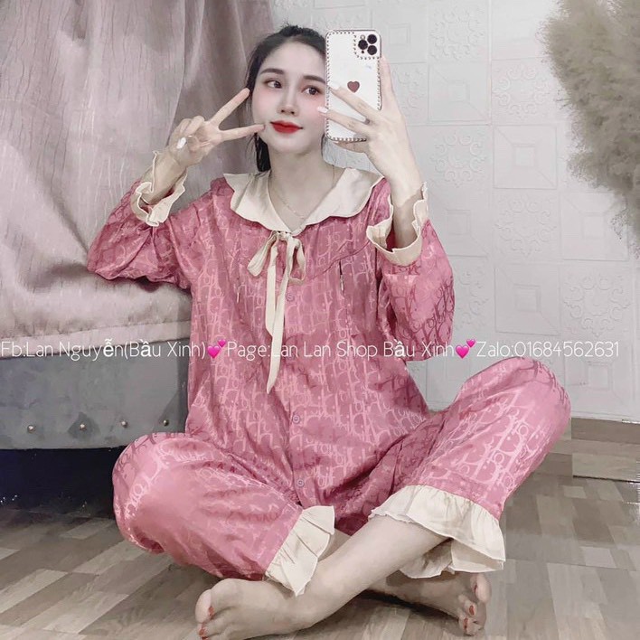 Bộ Pijama Bầu Lụa Gấm Có Cổ, Bộ Bầu Và Sau Sinh 2 Chức Năng Kết Hợp Cho Con Bú Dài Tay HT4619 Honey Mommy