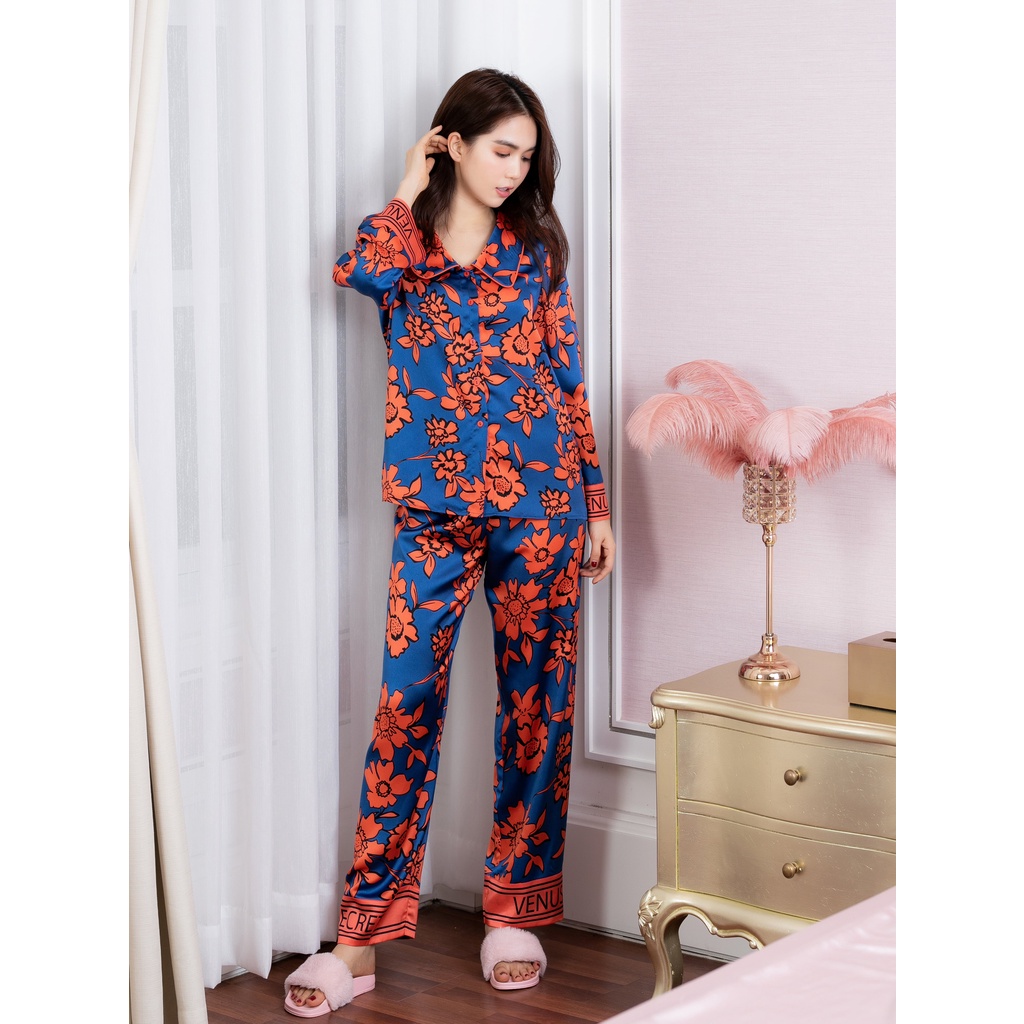 Bộ đồ ngủ Pijama - đồ ngủ lụa cao cấp họa tiết hoa cam thương hiệu VENUSSECRET