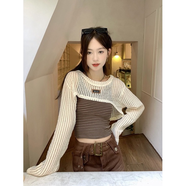 sét áo hai dây dáng ôm kèm cardigan luới phong cách hàn hàng Quảng châu đẹp (có sẵn)