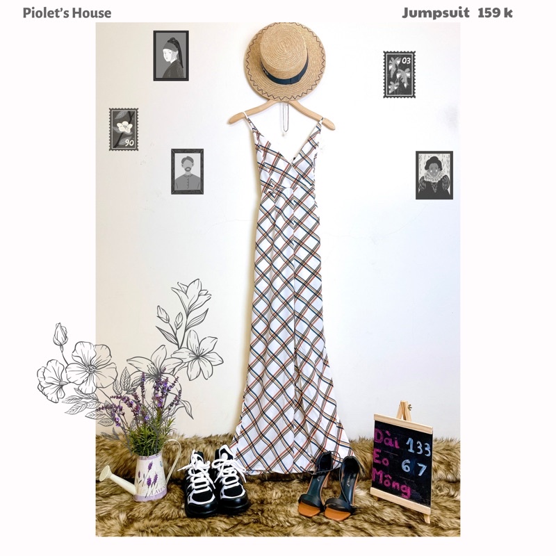 Jumpsuit trắng sọc đen