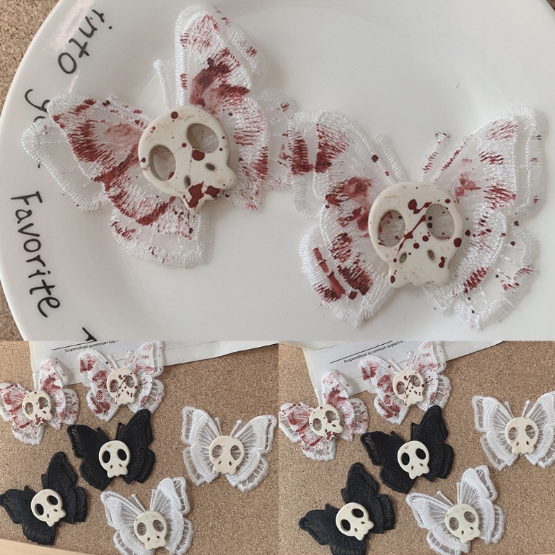 Kẹp tóc mỏ vịt họa tiết bướm phối đầu lâu phong cách lolita gothic thời trang halloween nhiều màu sắc