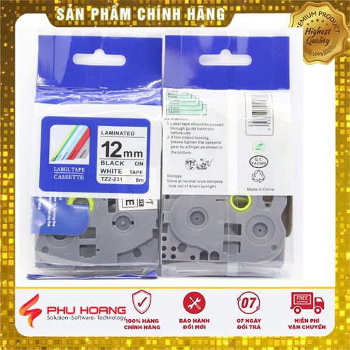 Nhãn in TZ2-231, Kích thước: 12mm*8m, chữ đen nền trắng ( Black on white), nhãn đa lớp, bám dính cao