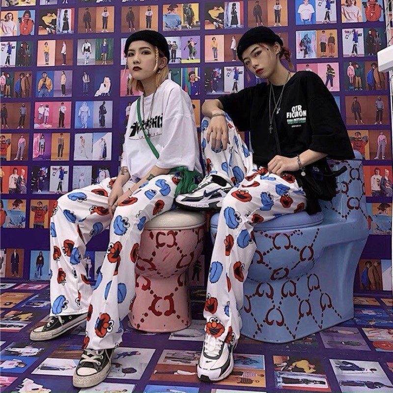 FREESHIP 50K - Quần Dài Ống Đứng Màu Đen In Hình Hoa Hoạt Hình- QD2DAHOATHINH