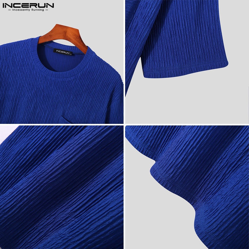 Áo thun INCERUN màu trơn mùa hè dáng rộng tay cộc có túi diềm xếp nếp cho nam