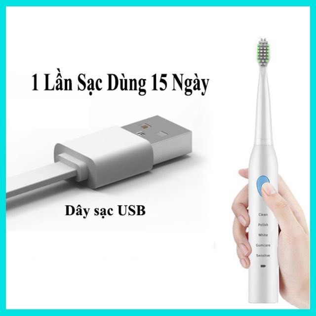 Bàn Chải Điện Sóng Âm 5 Chế Độ Làm Sạch, Sạc Điện qua Cổng USB Tặng Kèm 4 Đầu Bàn Chải