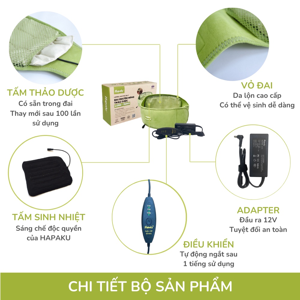 Combo Đai Quấn Nóng Thảo Dược Giảm Đau Lưng Hông, Giảm Mỡ Bụng Dùng Điện &amp; Tấm thảo dược thay thế - Hapaku