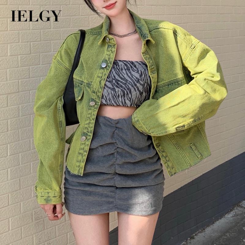 IELGY     Áo Khoác denim Tay Dài Dáng Rộng Màu Xanh Lá Thời Trang Cho Nữ