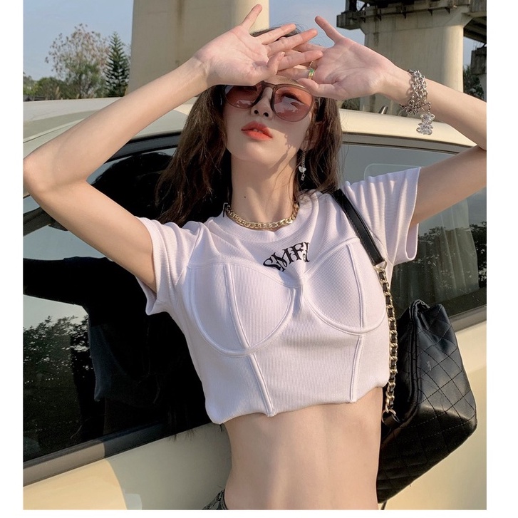 QKOOLE  Áo Thun Nữ Ngắn Tay Cổ Tròn Phong Cách Hàn Quốc