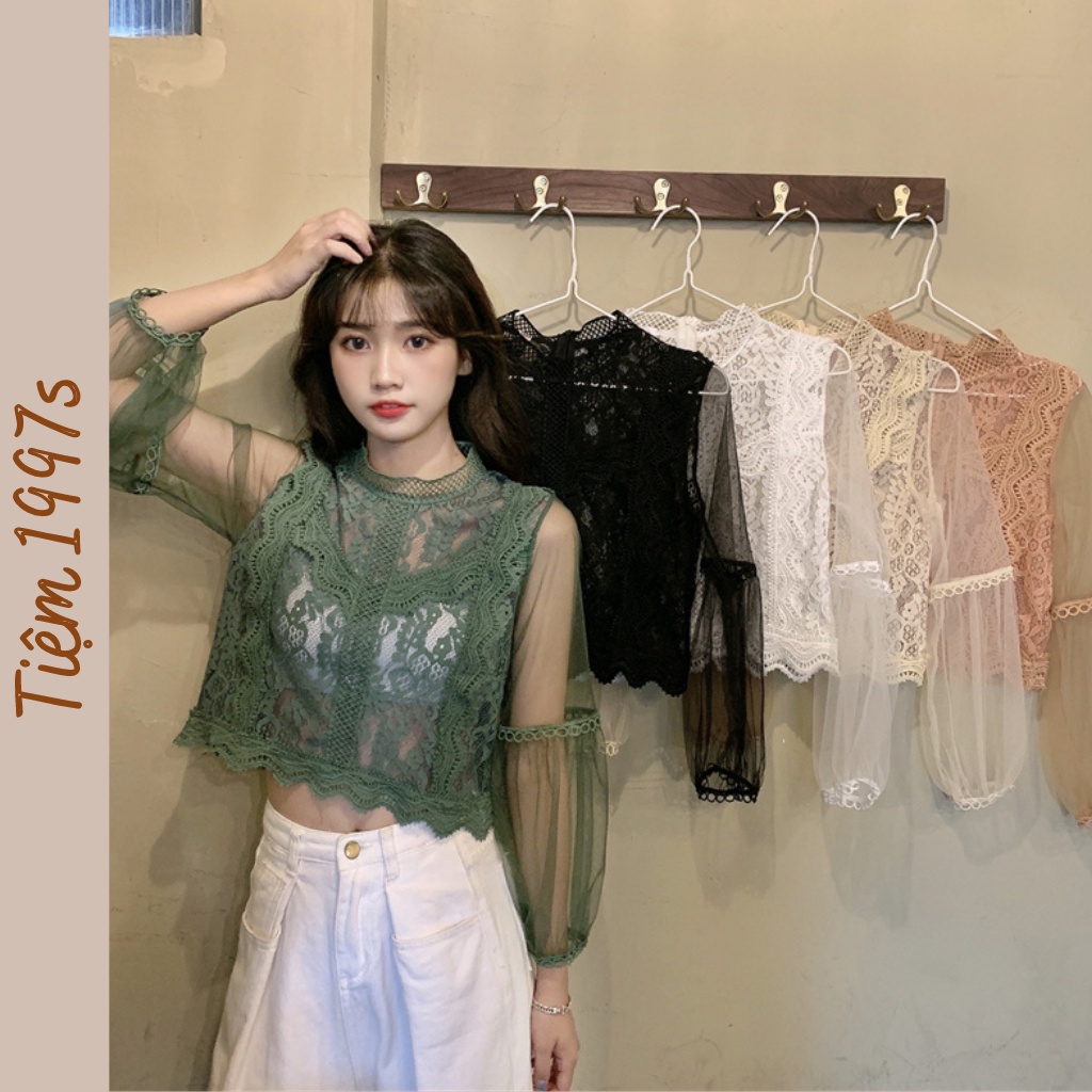 Áo sơ mi ren cổ tròn croptop dài tay voan (SẴN) Tiệm 1997s