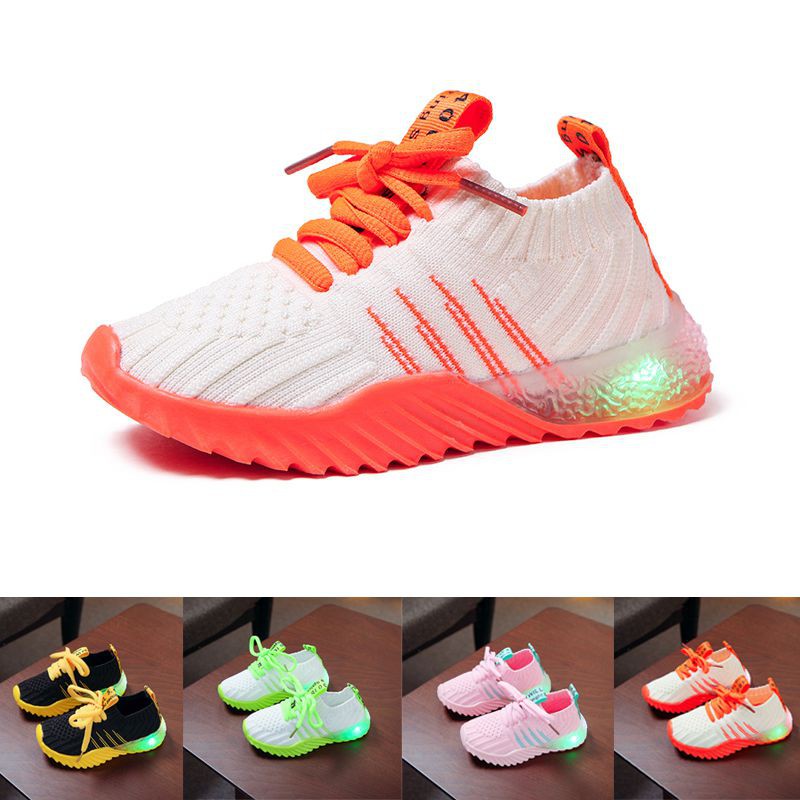 Mesh Knitted Shoes Kids Toddler White Casual Led Shoes Boy Girl Candy Color Sport Sneaker Shoes Light Up Black