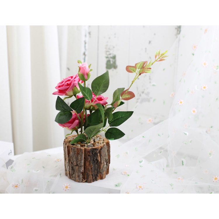 Hoa giả trang trí để bàn KHALIK HF023, hoa hồng chậu gỗ