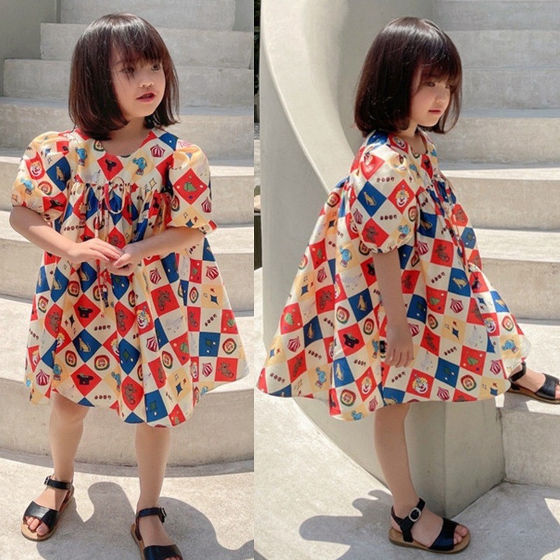 Váy ngắn tay in họa tiết hoạt hình dễ thương thời trang cho trẻ em