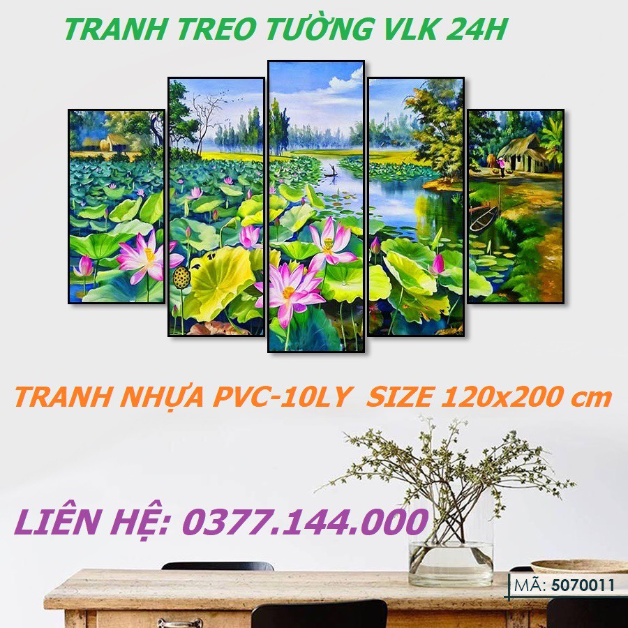 5070011PVC10 - Bộ 5 Tấm Tranh ghép treo tường Phong Cảnh Hoa Sen Hồng Đồng Quê phòng khách ngủ trang trí đẹp nhà cửa