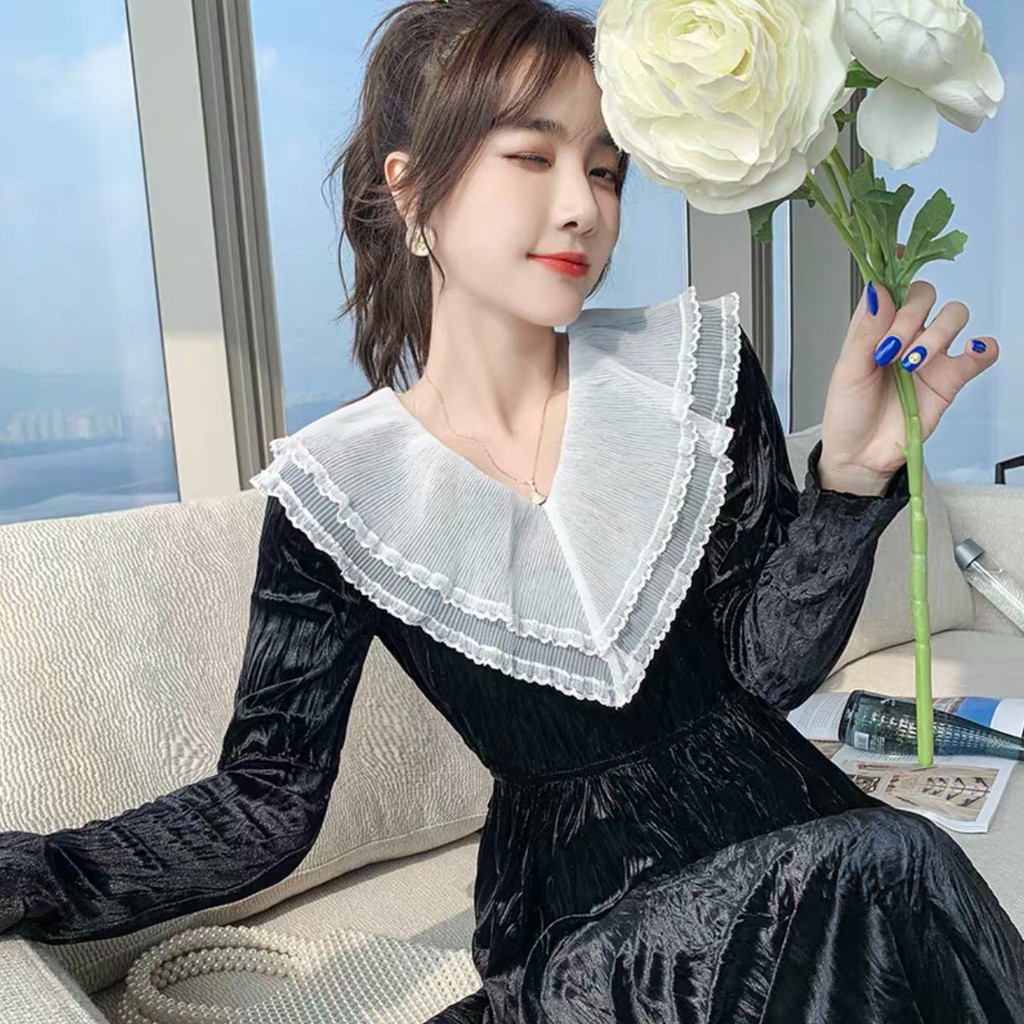 .VÁY ĐẦM  NHUNG DÀI  TAY CAO CẤP PHỐI VOAN