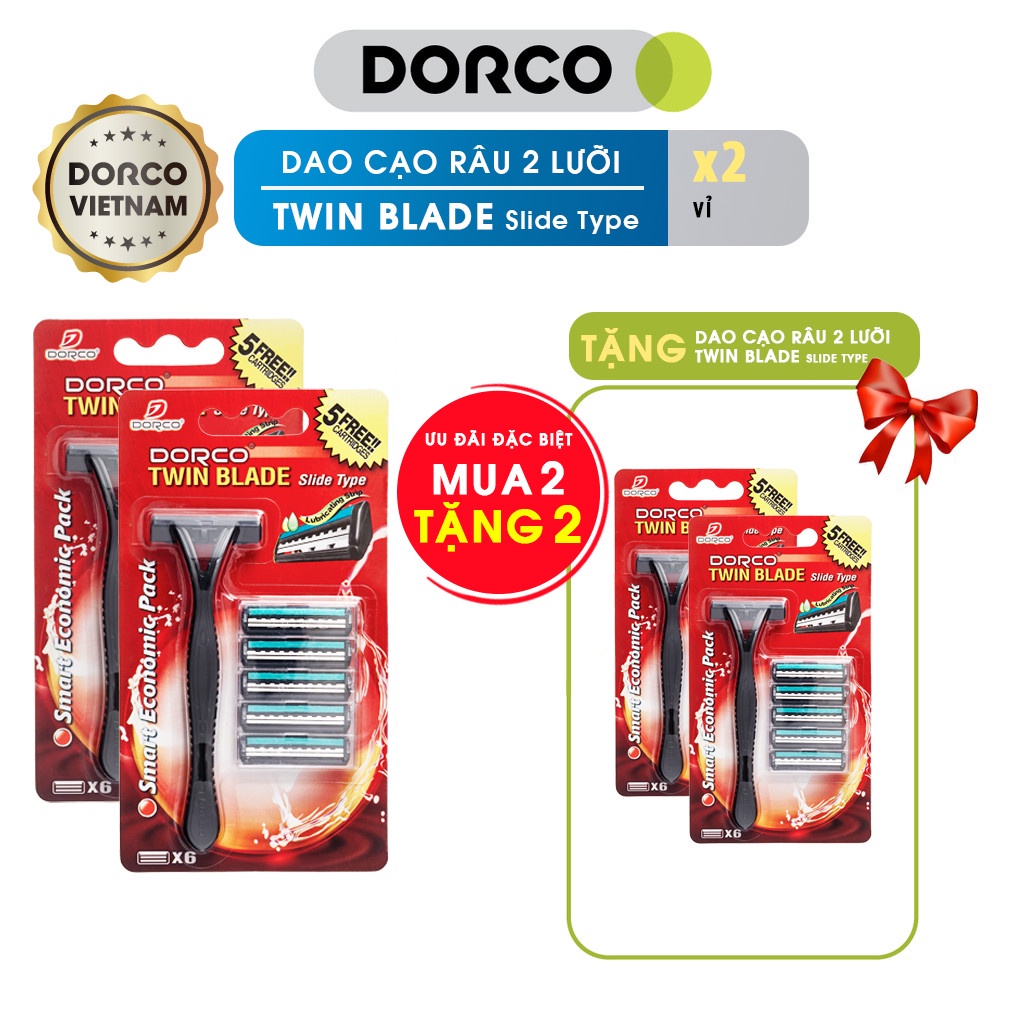 Combo 2 vỉ dao cạo râu 2 lưỡi DORCO TWIN BLADE Slide type tặng 2 sản phẩm cùng loại