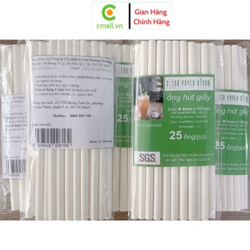 Túi 25 ống hút giấy CLEAN PAPER STRAW, phi 8,không màng bọc, dùng cho sinh tố đá xay, an toàn sức khoẻ, bảo vệ môi trườn