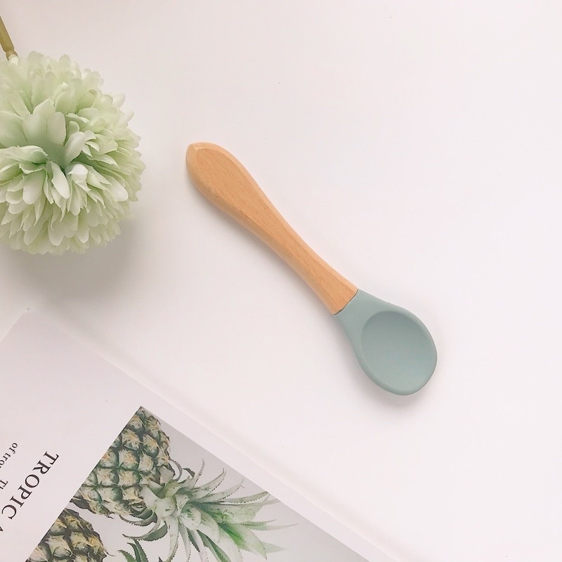 Thìa Cho Bé Ăn Dặm Silicon Cán Gỗ Bền Đẹp Kích Thích Bé Ăn Ngon