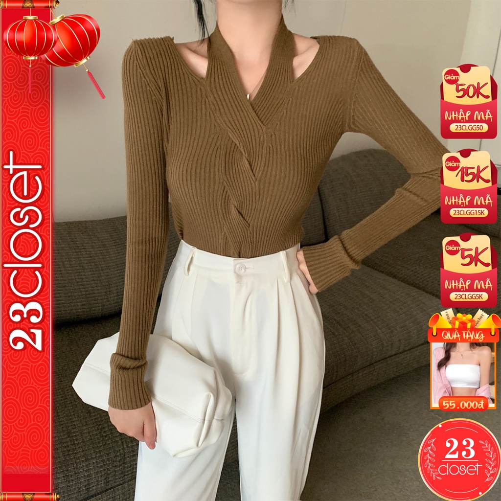 Áo len tăm cổ V vặn thừng 23Closet tay dài nữ kiểu dáng Hàn Quốc chất len tăm cao cấp co giãn tốt  -ALTT10