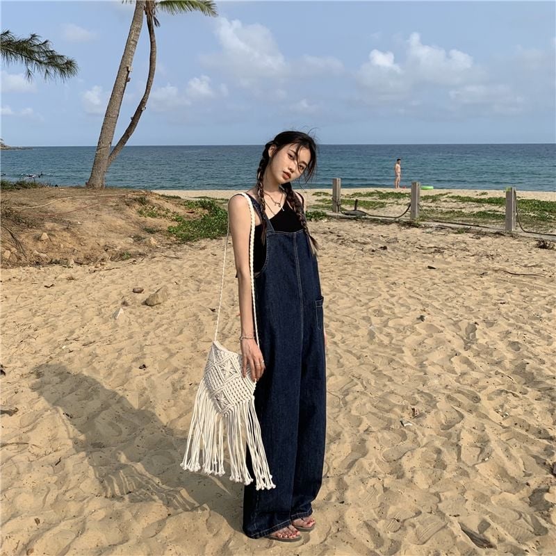 Quần yếm nữ ulzzang ống thụng dáng rộng form dài màu xanh đậm thời trang phong cách hiphop đường phố