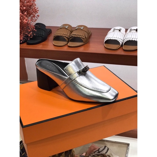 Giày sục gót cao 6cm cao cấp thương hiệu Hermes HM Blossom da thật mẫu mới