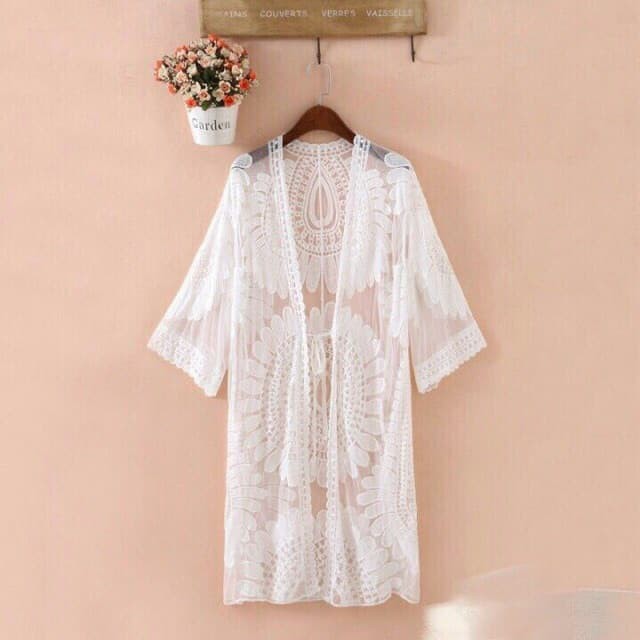 Áo Choàng Kimono Đi Biển Ren Mỏng Sexy, Áo choàng đi biển ren ( trắng - đen)